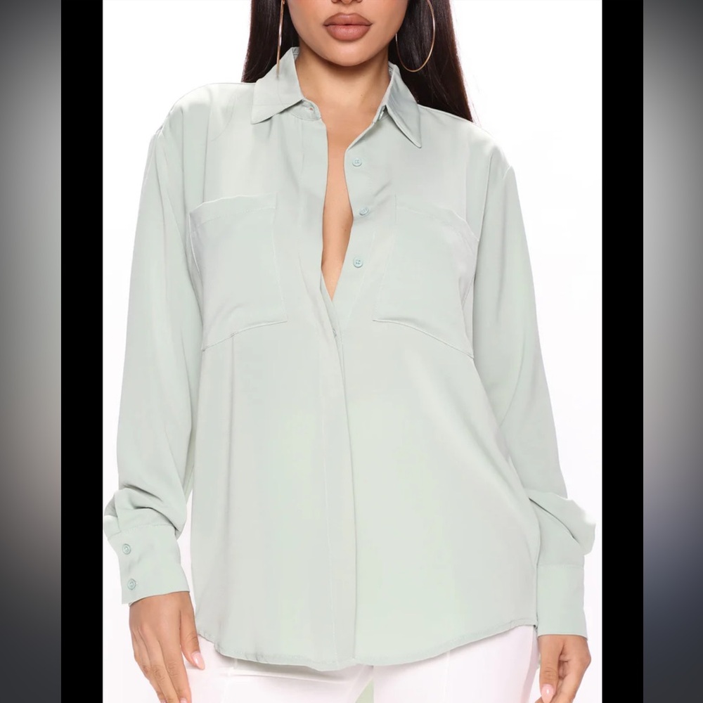 Notations Slaying Button Down Top in Sage